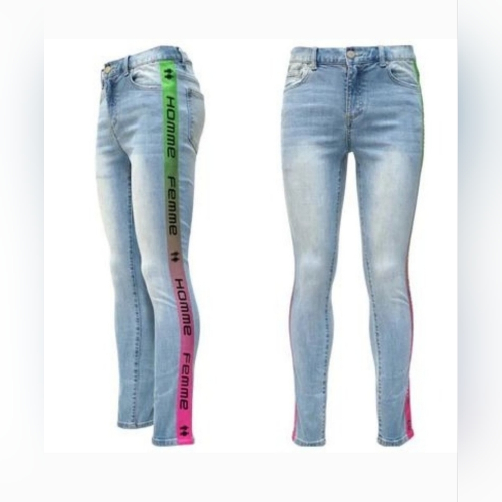 NWT HOMME + FEMME TESLA DENIM PINK/GREEN GRADIENT SKINNY JEANS Size 42x32